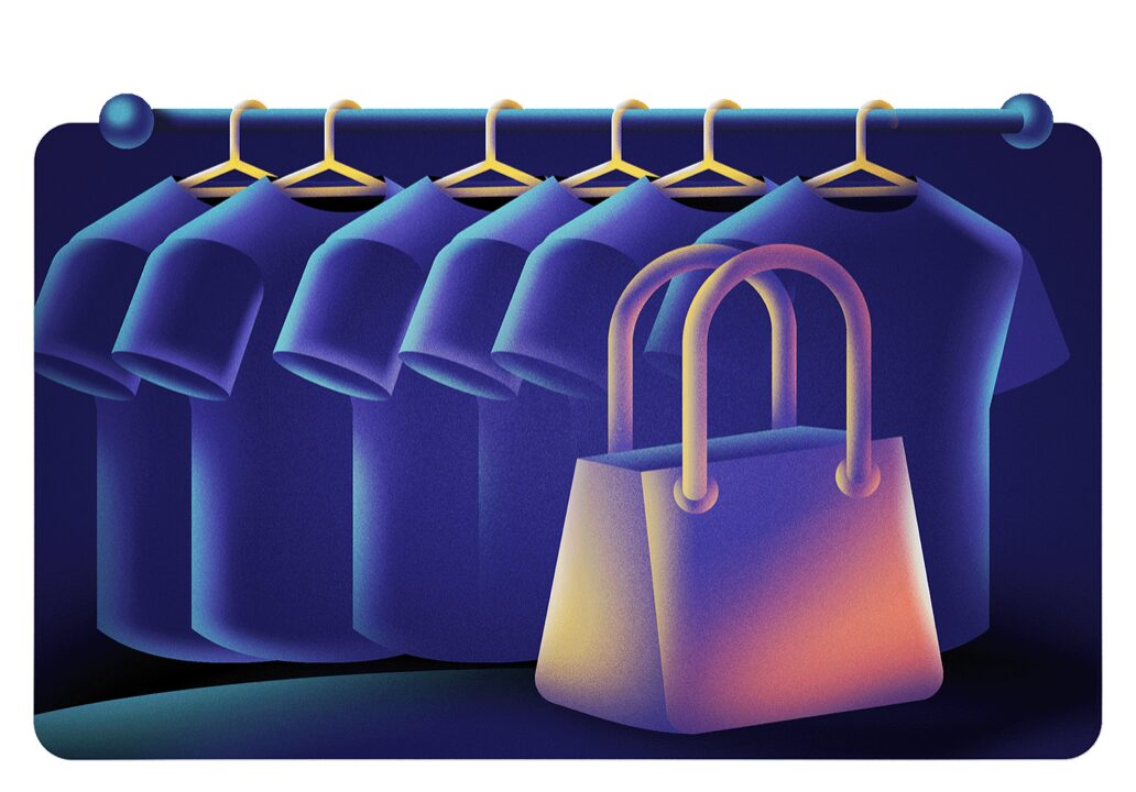 Illustration: a rack of shirts on hangers beside a glowing shopping bag