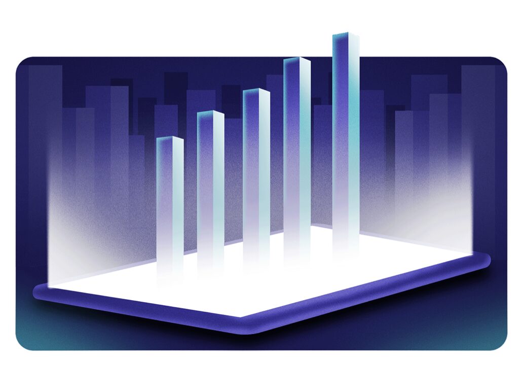 Illustration: a 3D bar chart rising out of a tablet screen