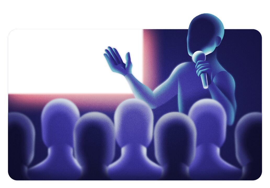 Illustration: a founder speaking on stage with a microphone to a seated audience