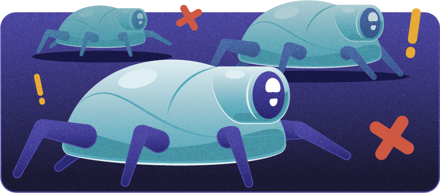 Illustration: three beetle-like crawler bugs with big lens eyes