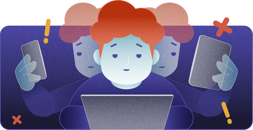 Illustration: one person at a laptop appearing as three overlapping copies, each holding a different device