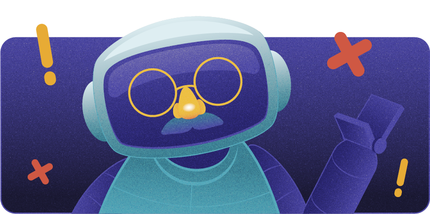 Illustration: a friendly robot wearing round glasses and a mustache as a disguise