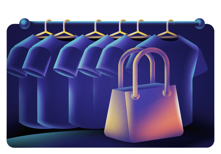 Illustration: a rack of shirts on hangers beside a glowing shopping bag