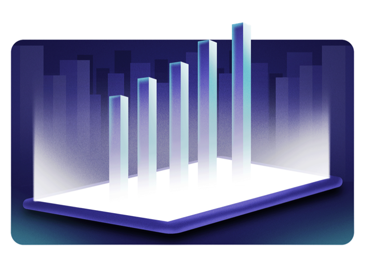Illustration: a 3D bar chart rising out of a tablet screen