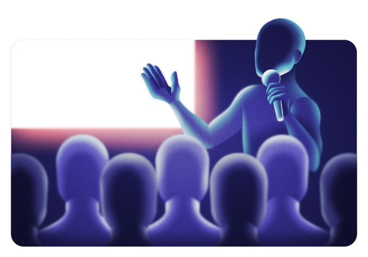 Illustration: a founder speaking on stage with a microphone to a seated audience