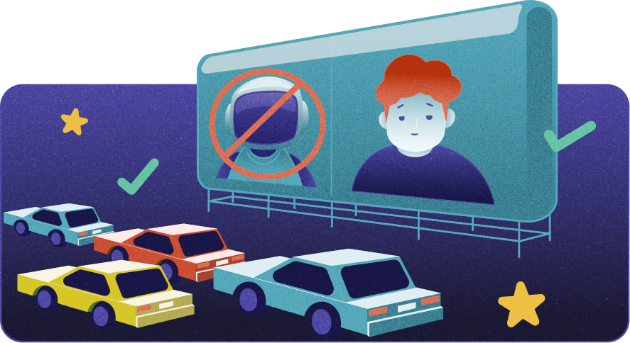 Illustration: a drive-in billboard showing a crossed-out bot beside a human, with cars watching