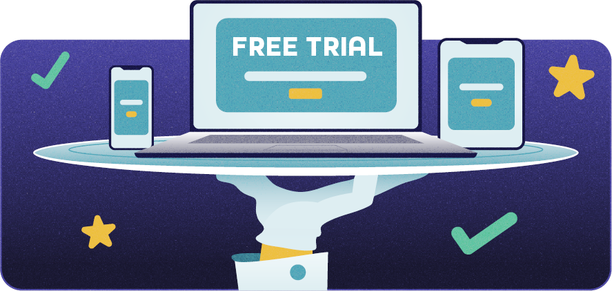 Illustration: a laptop reading 'Free trial' and two phones served on a platter