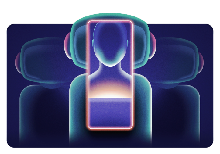 Illustration: a glowing phone-shaped figure sitting in a row of identical seated silhouettes