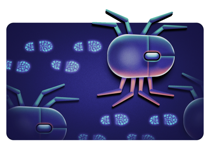 Illustration: crawler bugs shaped like computer mice leaving glowing footprints