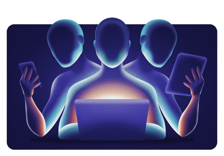 Illustration: one person at a laptop appearing as three overlapping figures, each holding a different device